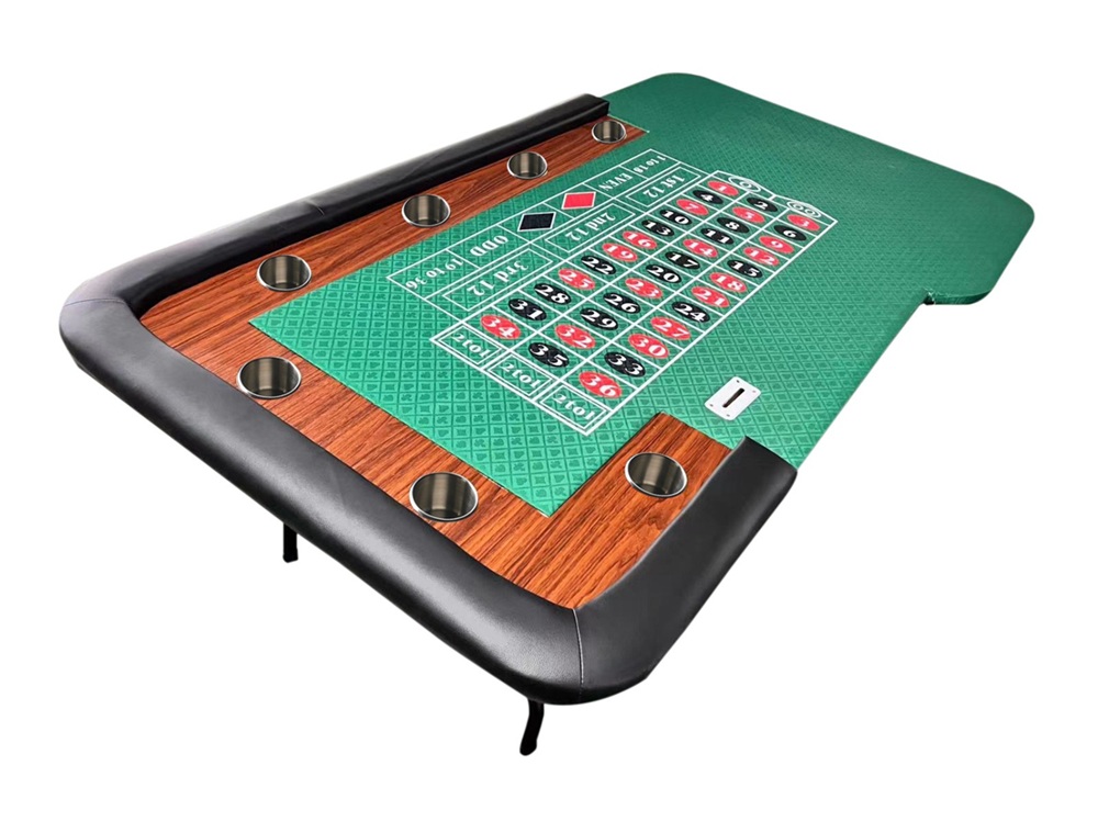 84" Roulette table w/ chip rail, folding metal legs, green felt, 7 cup holders