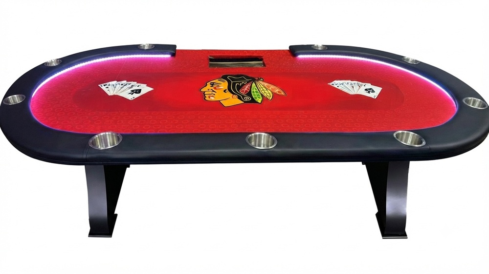 96" dealer Poker table w/ custom felt, LED lights, sturdy wooden legs