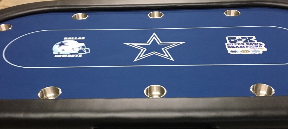 96" dealer Poker table w/ Dallas Cowboy felt, LED lights, sturdy wooden legs - Image 4